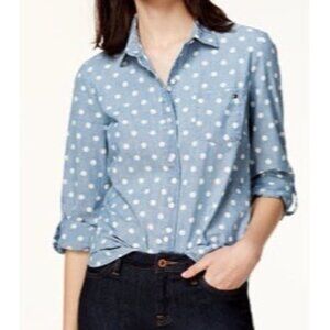 Tommy Hilfiger Blue Polka Dot Button Up Shirt Size L Long Roll Tab Sleeves Pocke